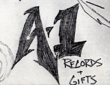 A-1 Records & Gifts, Anderson, IN logo from a classic band flyer by Mark Bray for the band Taliesin.