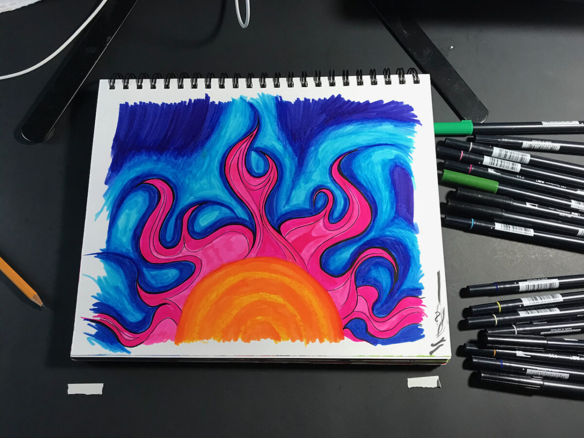 Fuchsia Sunrise - Marker Drawing on Paper by Mark Bray