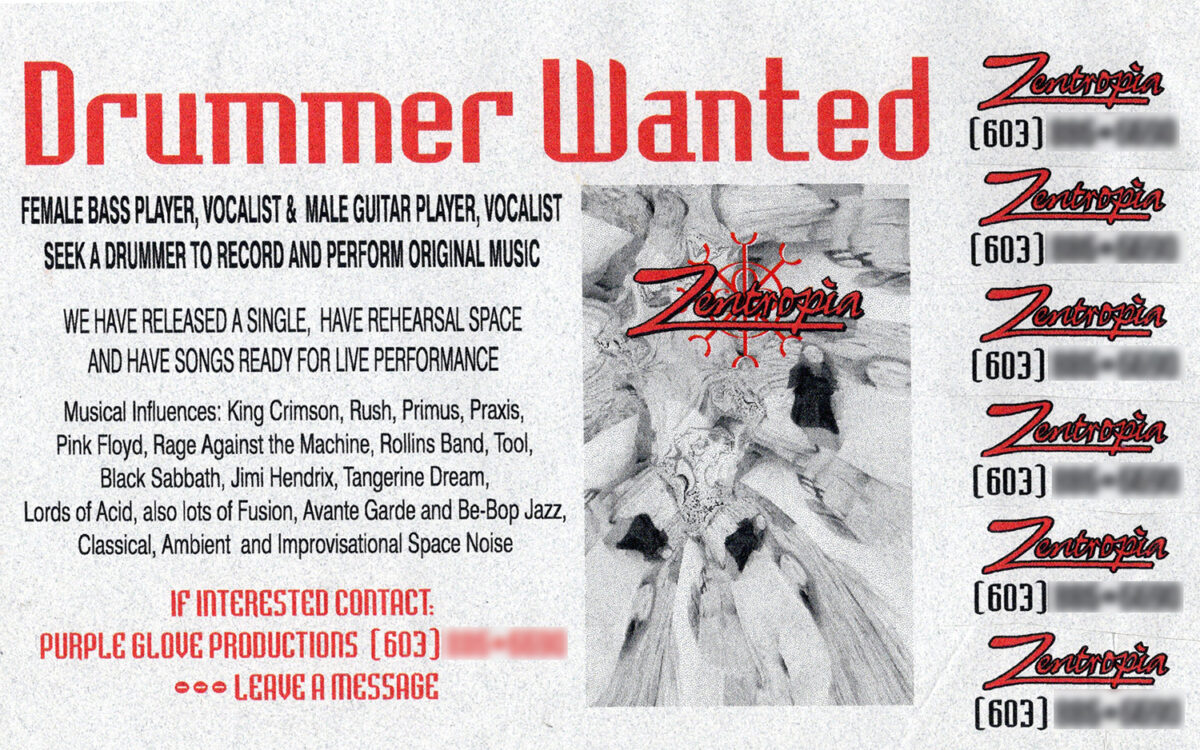 Drummer Wanted flyer from Zentropia from 1995